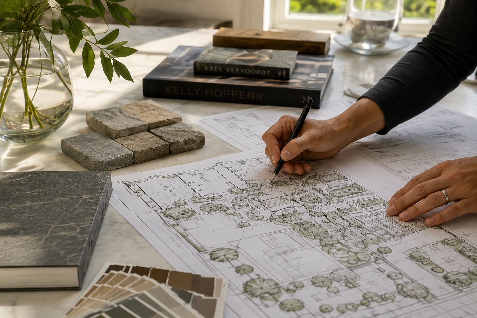 Person working on an architectural landscape plan at a desk with sample bricks, books, a marble tile, paint swatches, and a potted plant, near a window with natural light.