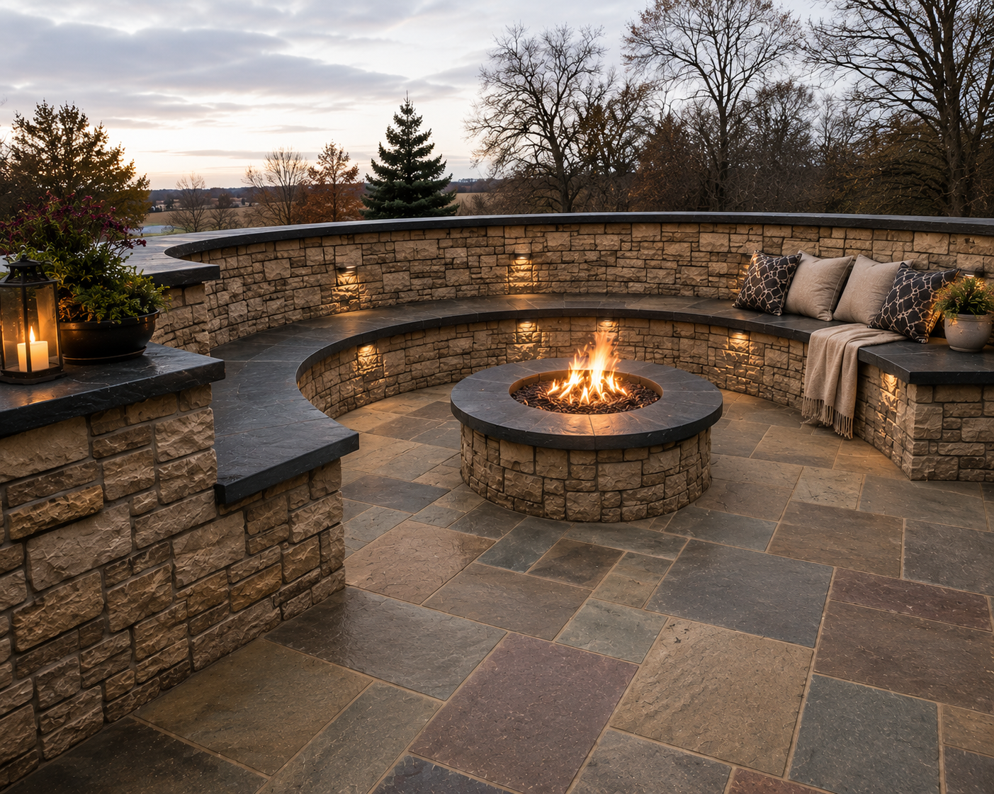 Outdoor patio with a circular fire pit, curved stone wall with built-in lighting, some cushions and blankets, and potted plants, overlooking trees and a cloudy sky at sunset.