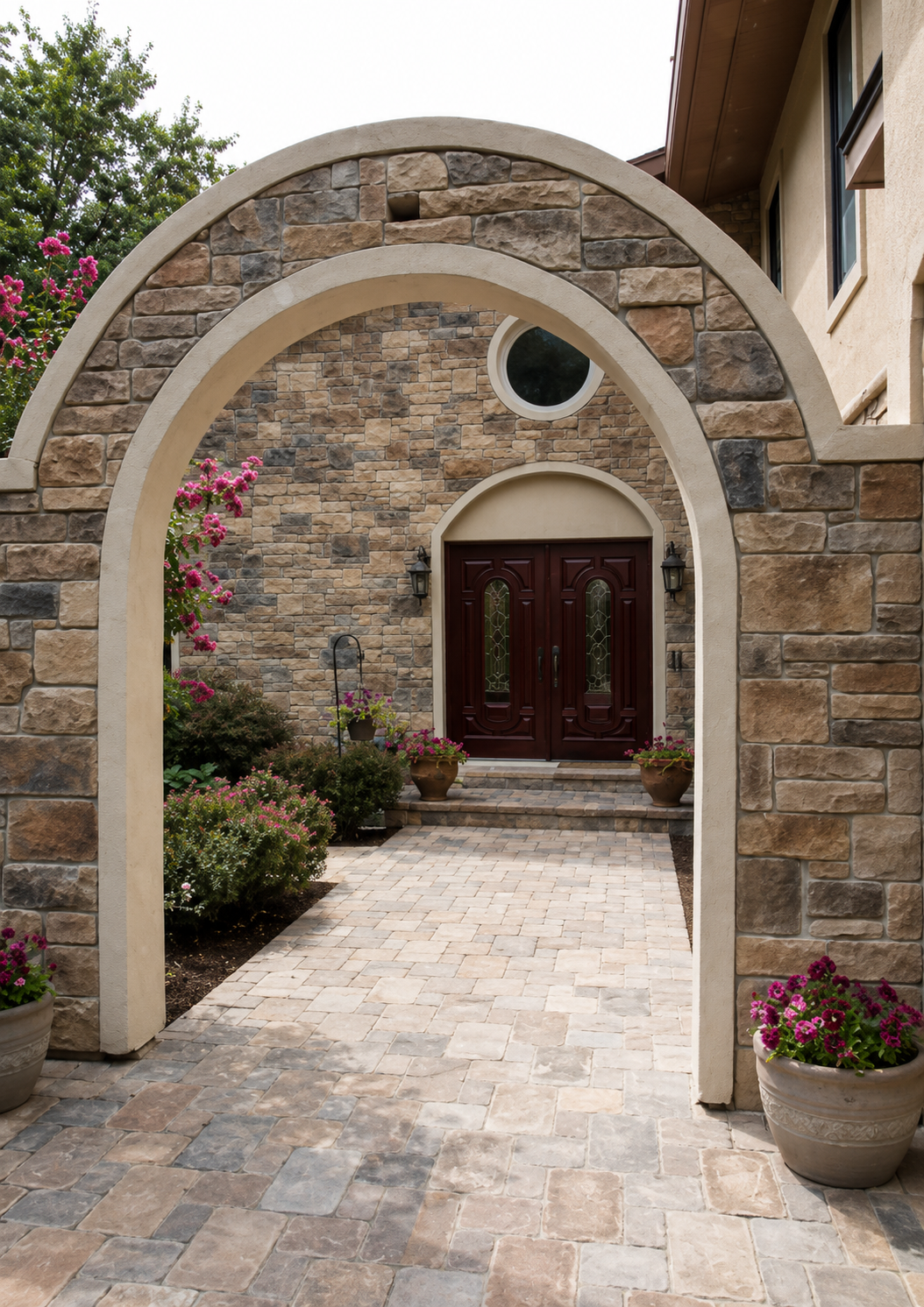 View of a house's entrance framed by an arched stone walkway, with a dark wooden door, potted plants, and a brick pathway.