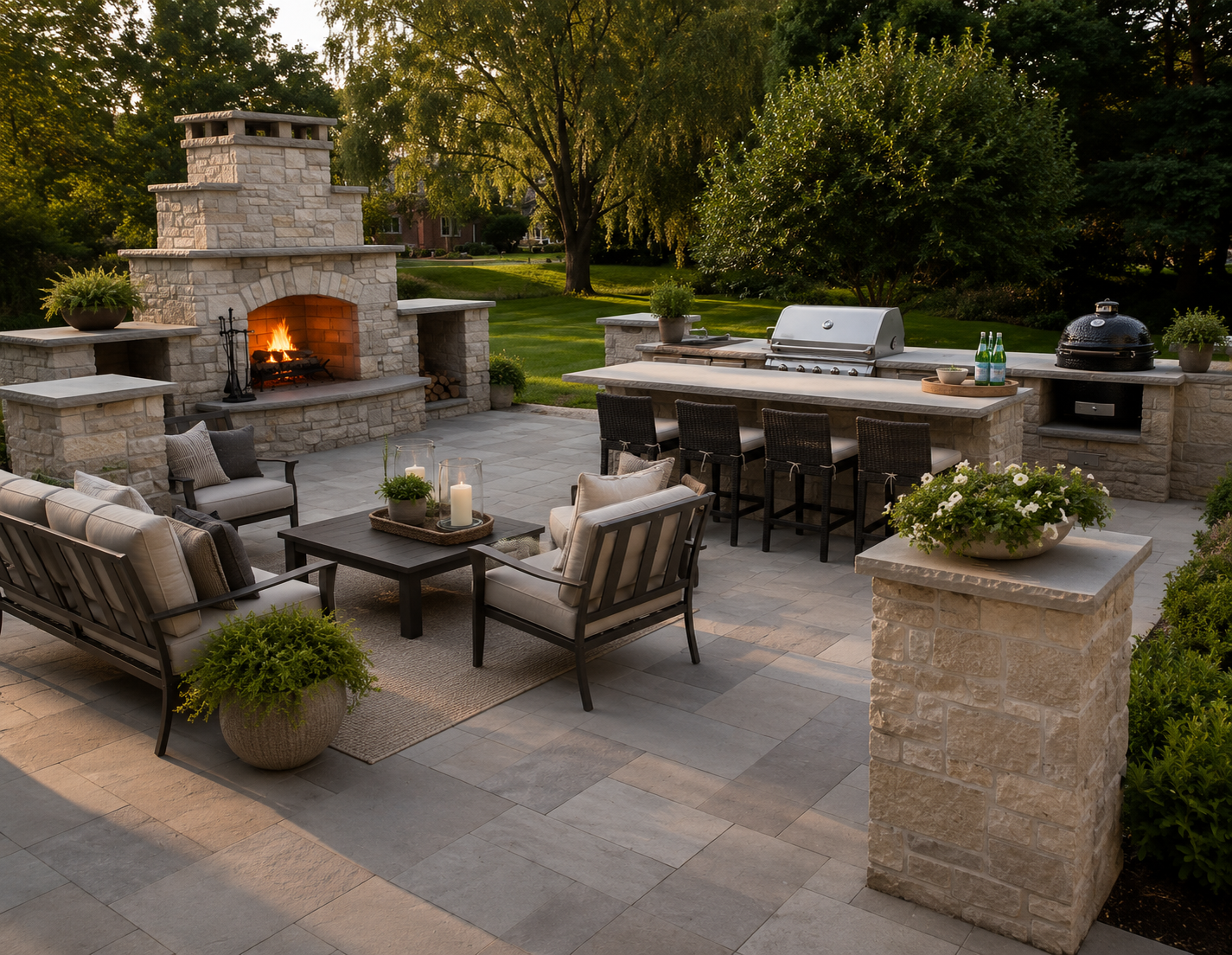 Outdoor patio with a stone fireplace, a seating area with cushions, a dining bar with chairs, and a barbecue grill, surrounded by trees and greenery at sunset.