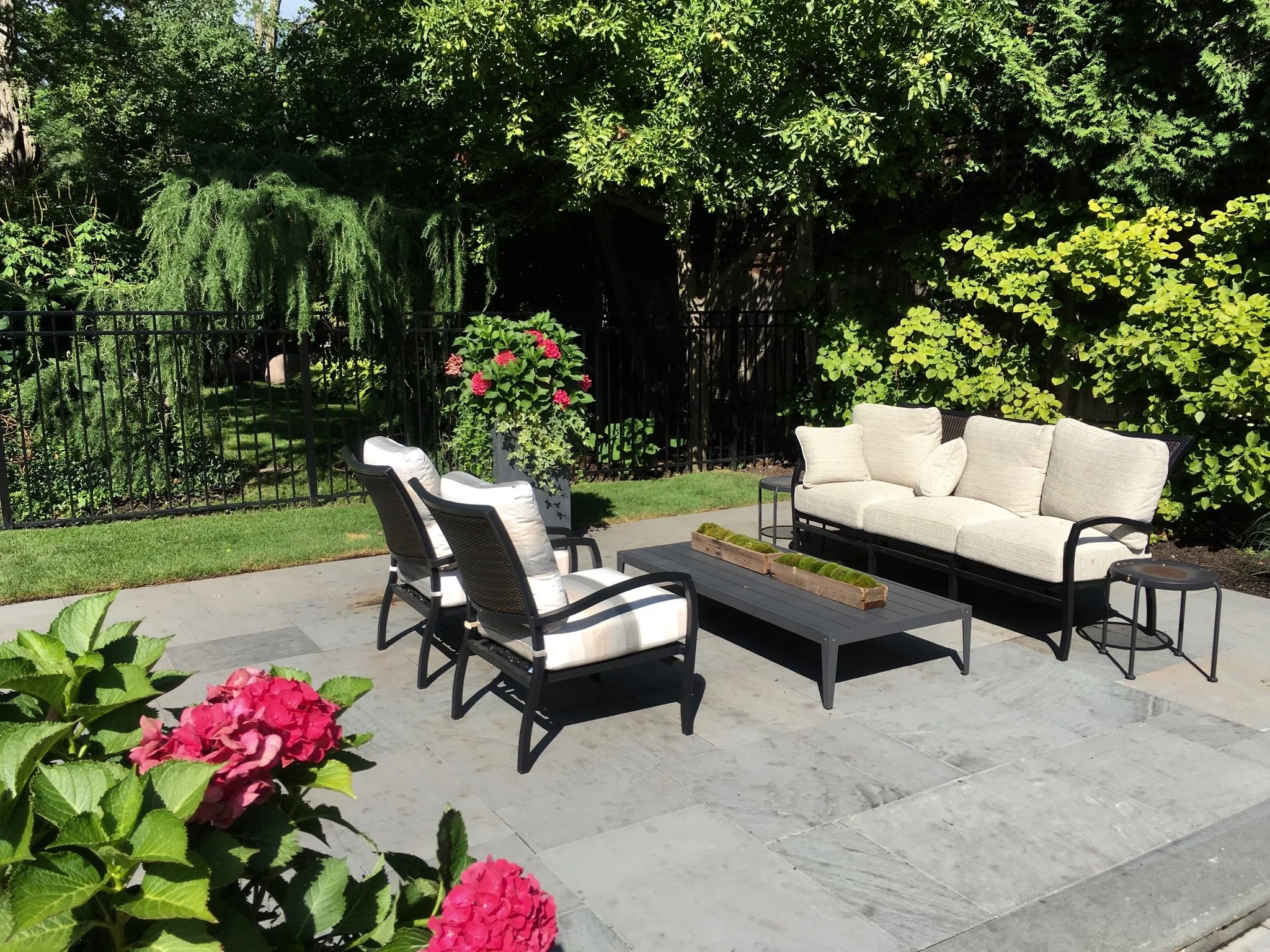 A backyard patio with outdoor furniture including a cushioned sofa, chairs, and a wooden coffee table. Surrounding the patio are lush green trees, bushes, and colorful pink flowers, with a black metal fence enclosing the yard.