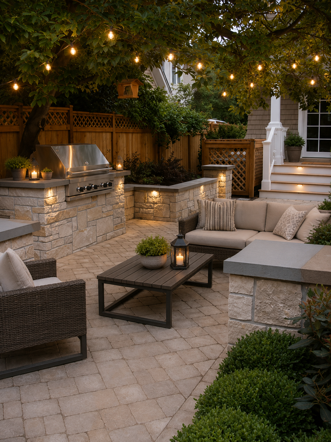A cozy backyard patio during evening with string lights, a grill, outdoor seating, candles, and lush greenery.