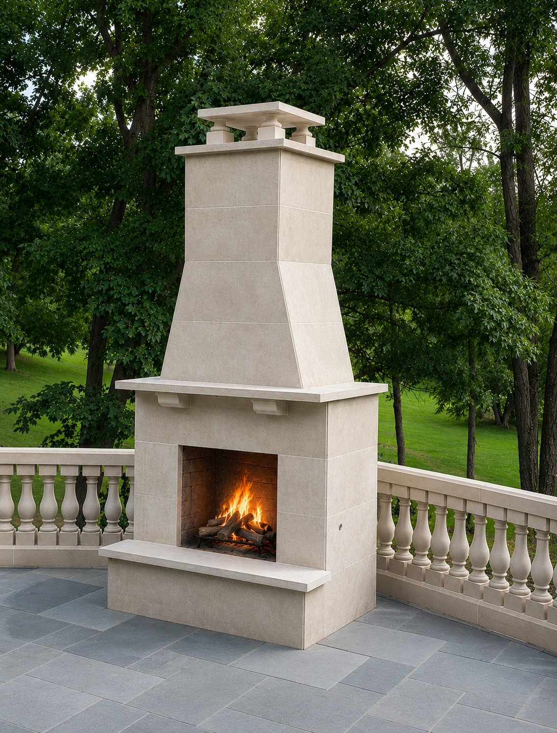 Outdoor stone fireplace with a lit fire, set on a patio with a balustrade, surrounded by green trees and grass.