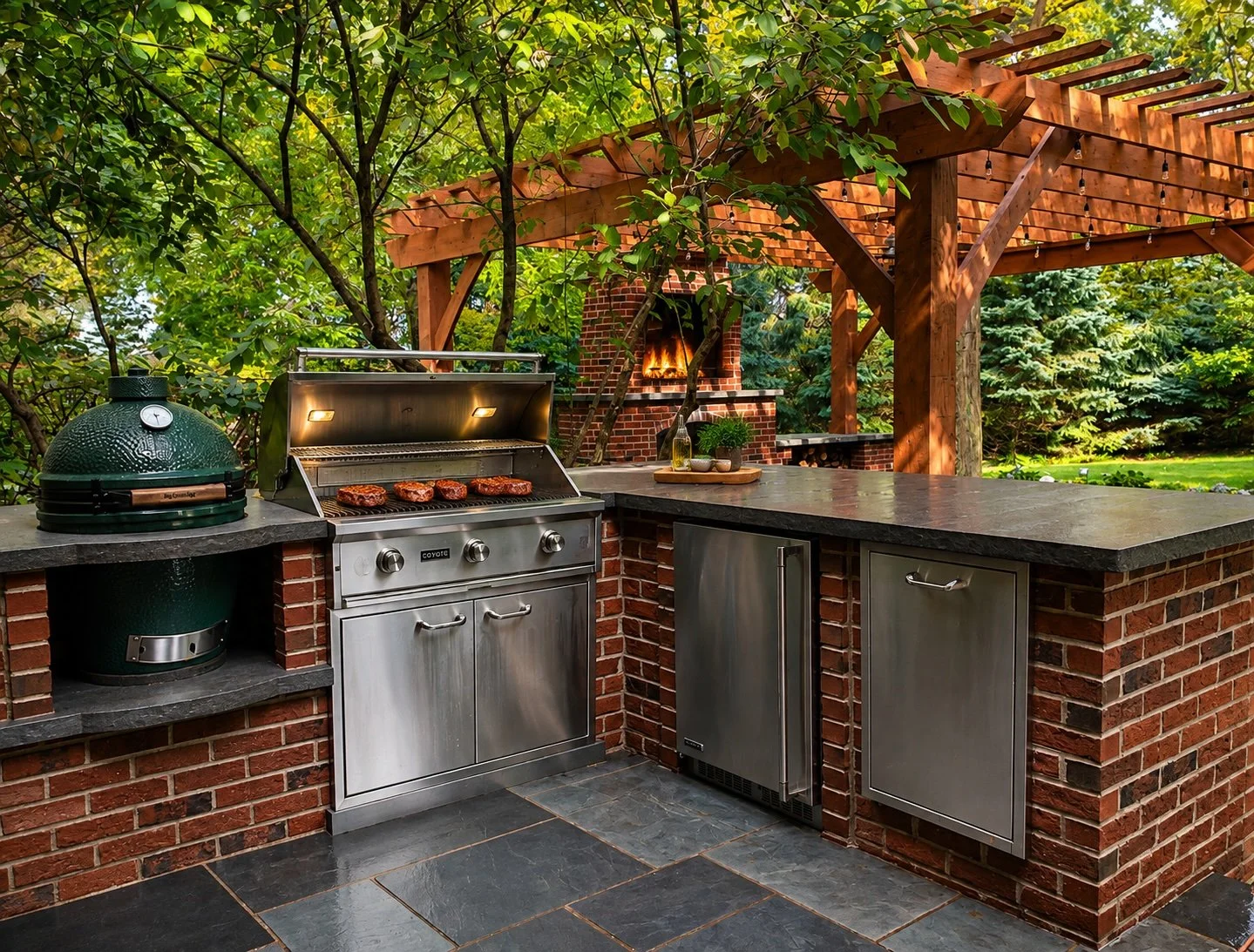 Outdoor kitchen area with a grill cooking burgers, a green egg smoker, brick and stone countertops, and a wood pergola, with a brick fireplace in a lush garden setting.