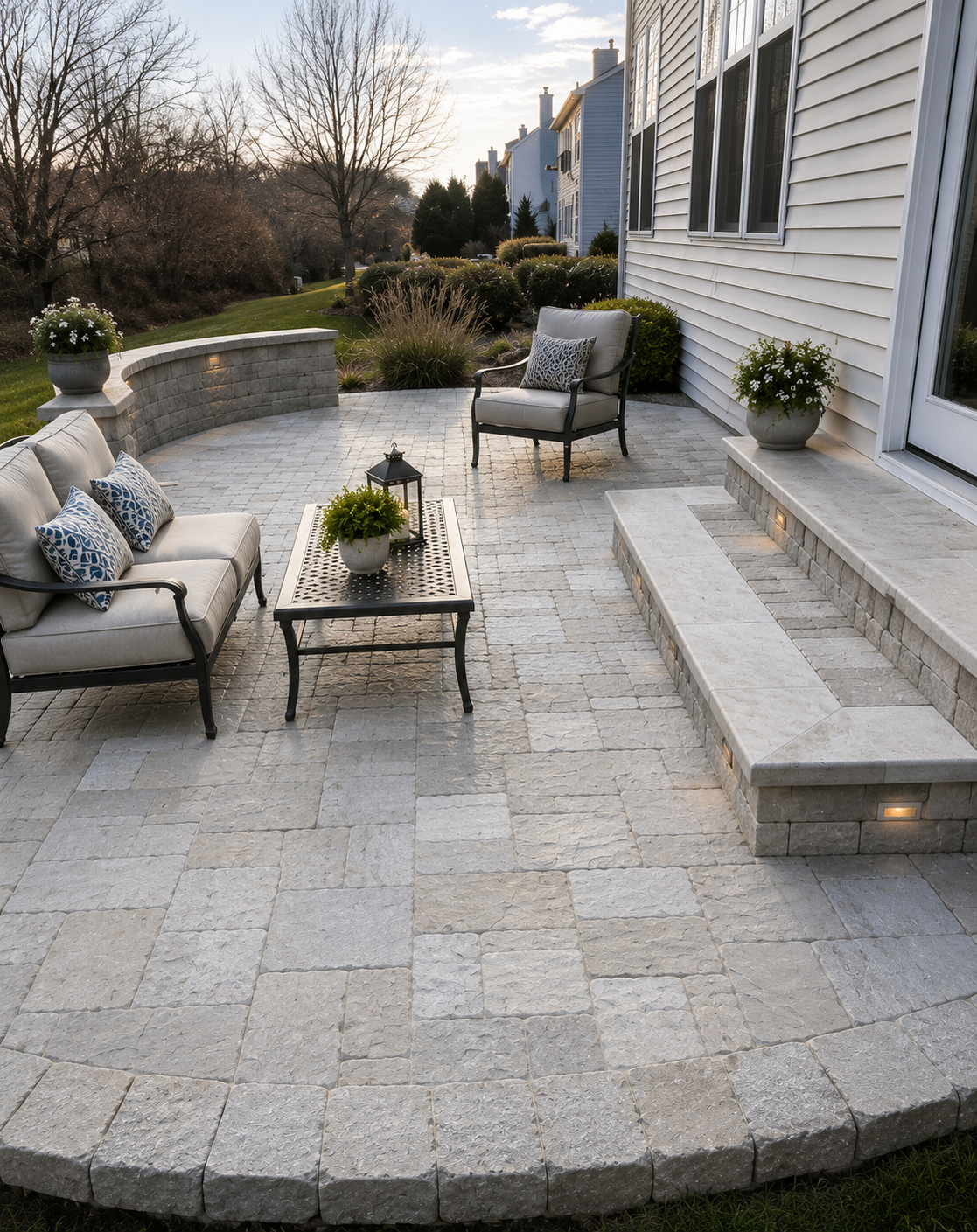 A backyard patio with stone pavers, outdoor furniture including a cushioned sofa with blue patterned pillows, a black metal coffee table with a potted plant and lantern, and a cushioned armchair with a patterned pillow. There are potted plants, bushe