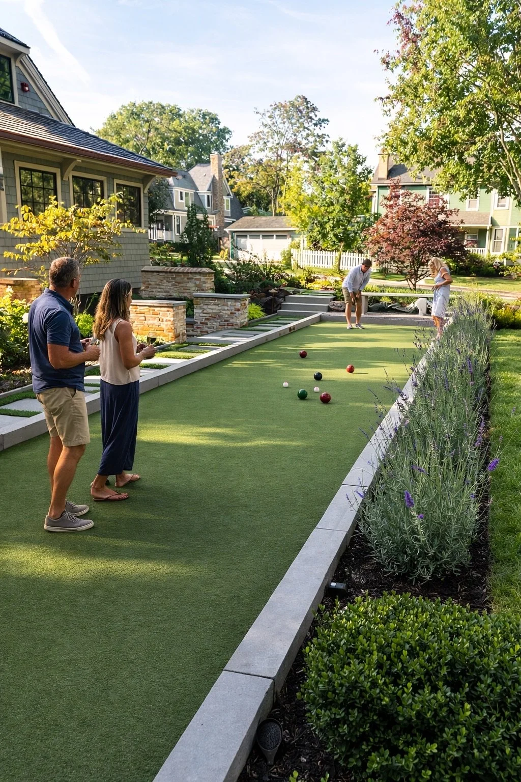 People playing bocce ball on a well-manicured backyard lawn surrounded by plants and trees, with houses in the background on a sunny day.