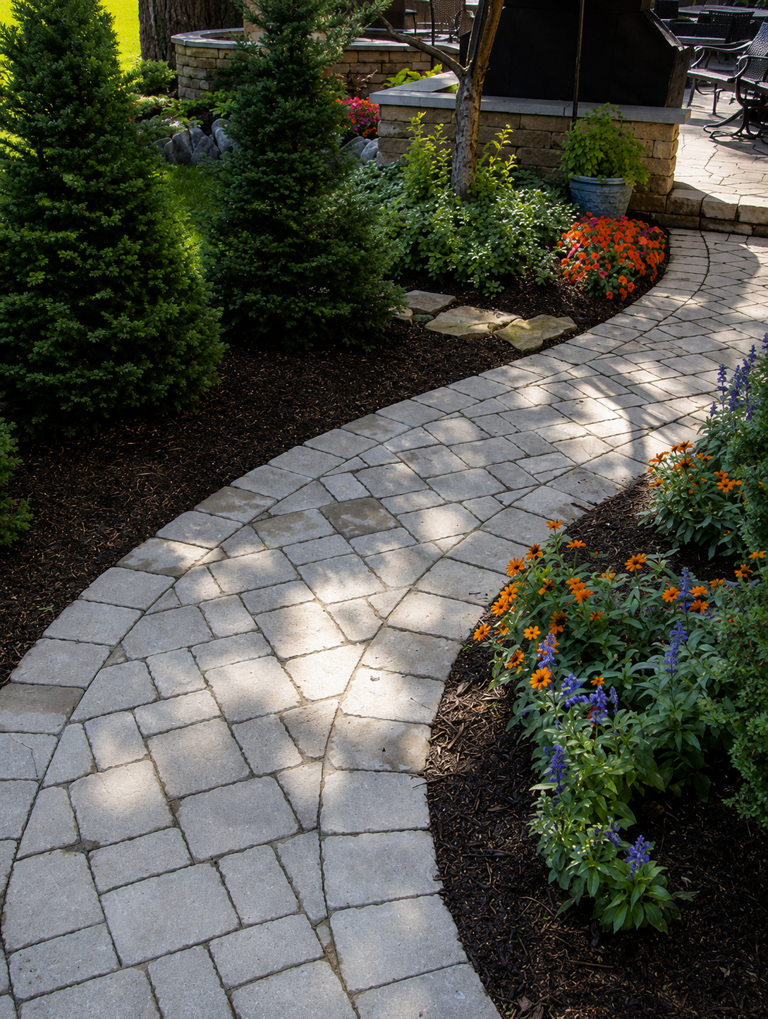 A landscaped garden with a curved stone pathway, various green shrubs, colorful flowers, and small trees, with a patio area in the background.