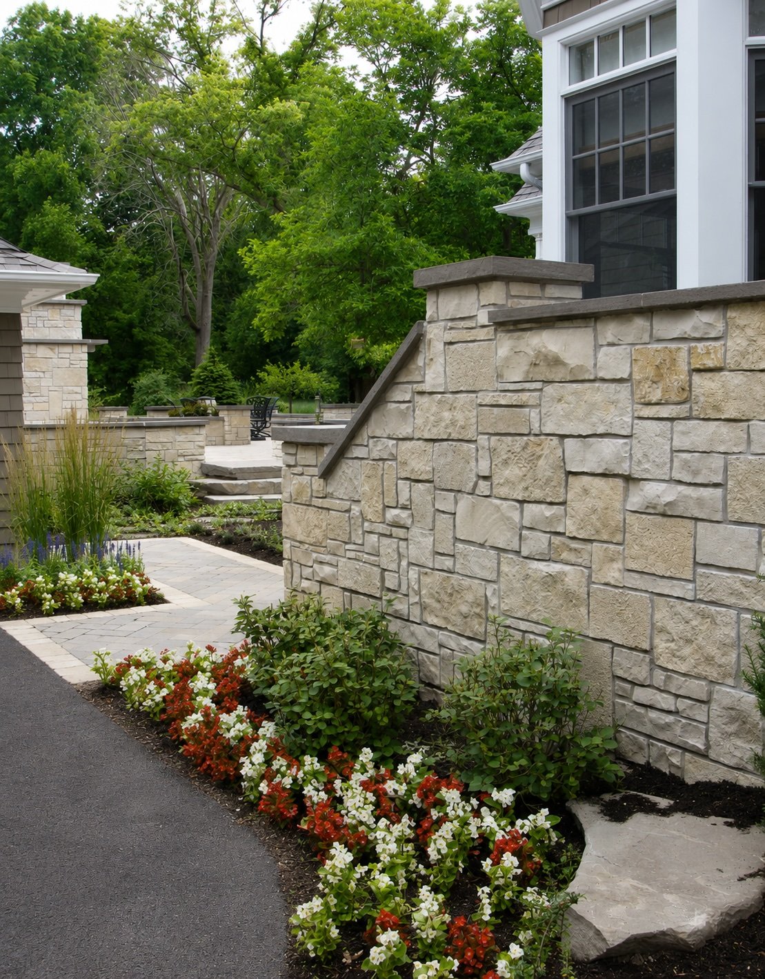 Residential outdoor space with stone wall, potted plants, flower bed with white, red, and purple flowers, paved walkway, and bench surrounded by green trees.