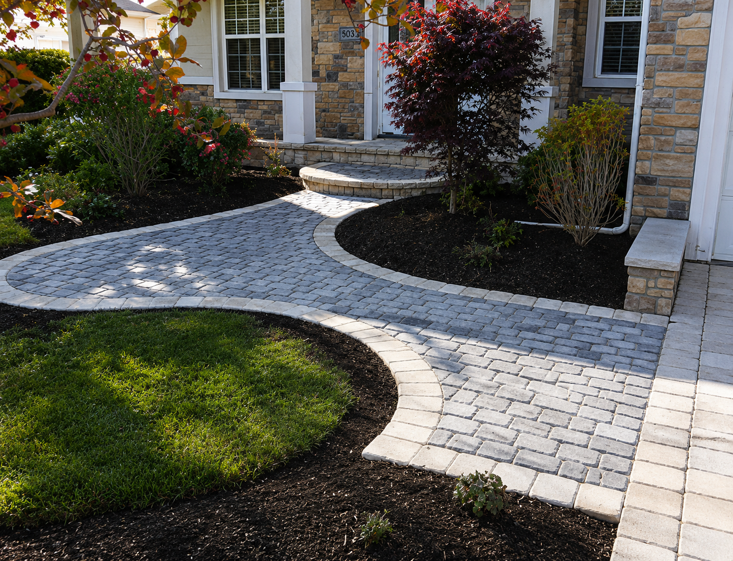 Curved brick pathway leading to a house with stone and white trim. The pathway is bordered by landscaped garden beds with various bushes and small trees. The house has a small front porch with steps, and there's a lawn area on one side of the pathway