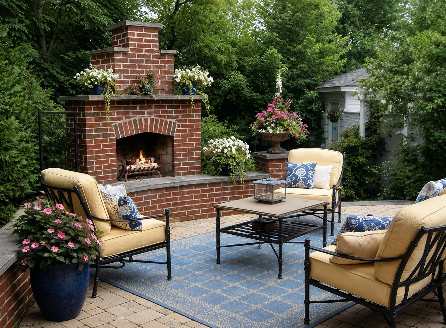 A cozy outdoor patio with a brick fireplace, surrounded by lush green trees and colorful flowers in pots. There are four yellow cushioned chairs with decorative pillows, a wooden table with a lantern, and a blue patterned outdoor rug.