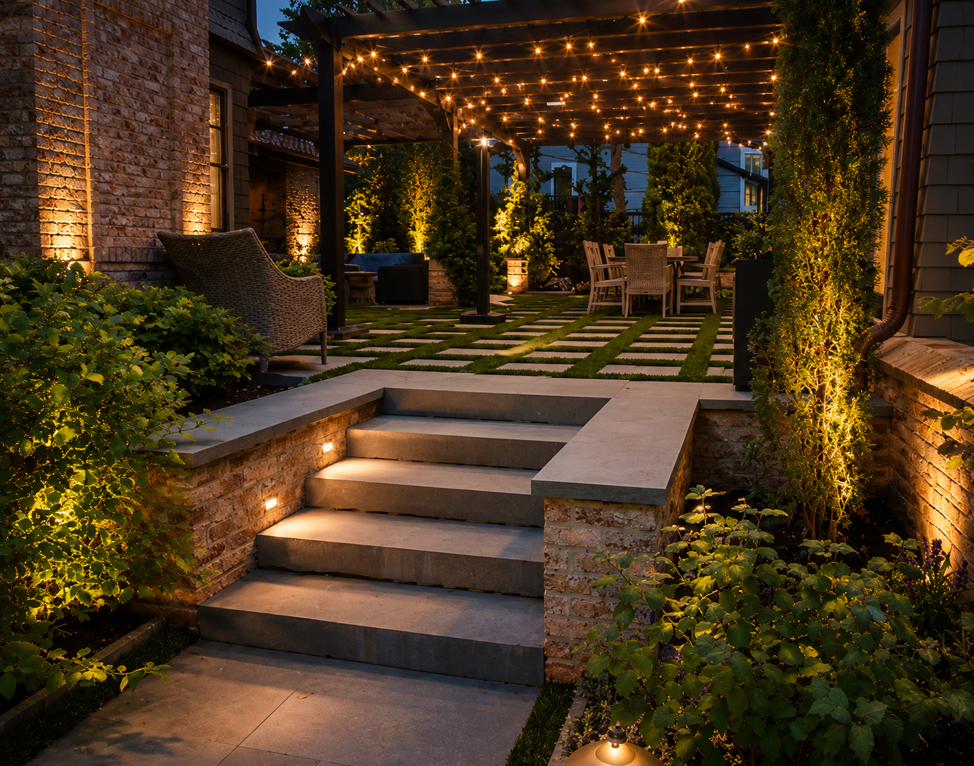 Outdoor backyard area at night illuminated with string lights, featuring a seating area with chairs, a dining table, bushes, and plants, with brick walls and steps.