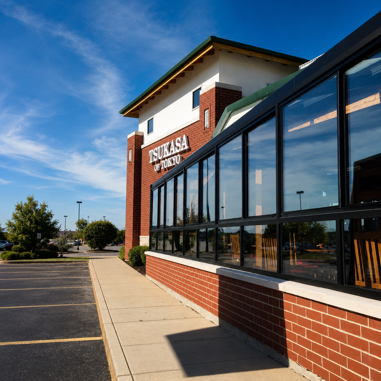 Exterior of Tsukasa of Tokyo restaurant with a brick building, large windows, a sidewalk, parking lot, and trees under a blue sky.