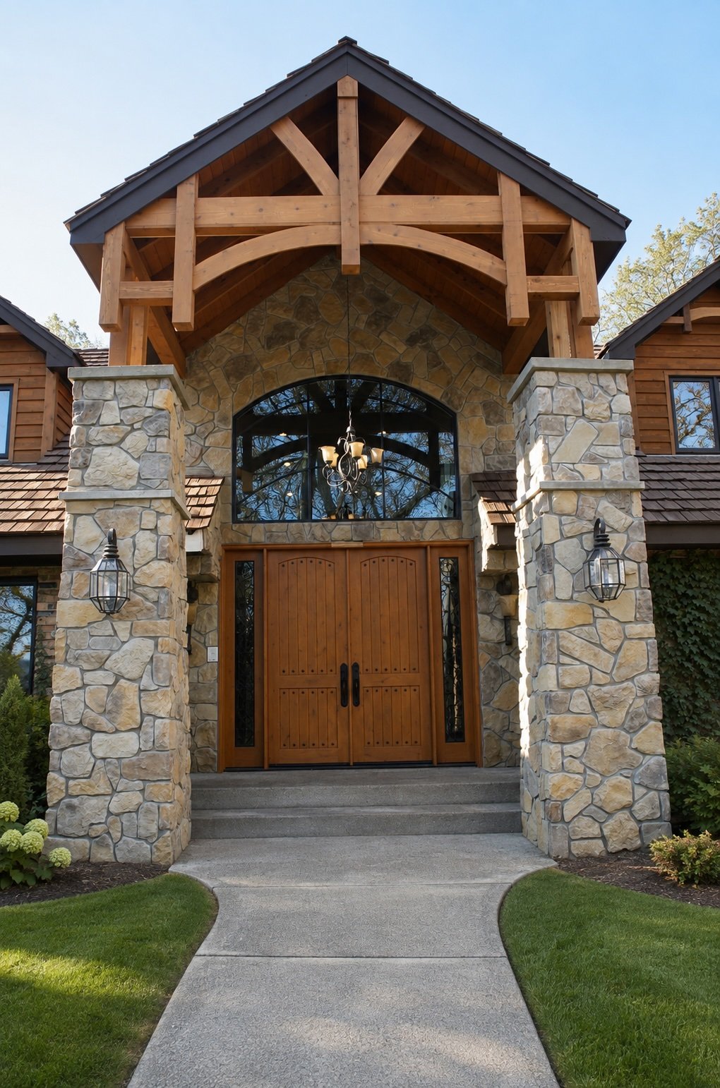 Front view of a house with a stone and wood exterior, large wooden double doors, decorative lantern lights on stone columns, a large window above the doors, and a wooden gabled roof with exposed beams.