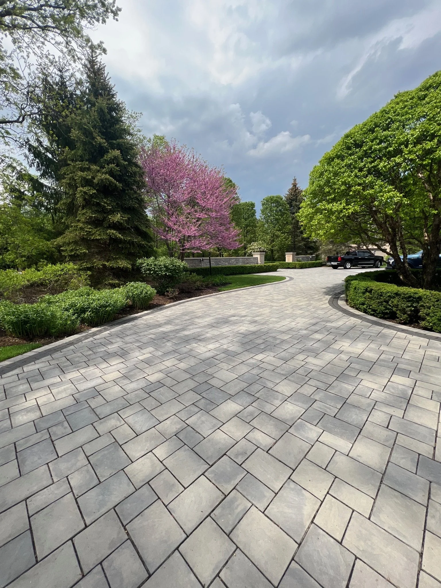 A paved walkway in a landscaped yard with bushes, trees, and parked cars, under a cloudy sky.