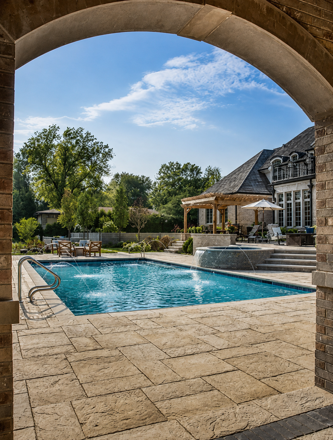 View of a backyard pool area framed by a stone arch, with a house in the background. The pool has a fountain feature, and there are lounge chairs, a table with an umbrella, and steps leading to a patio with a pergola.