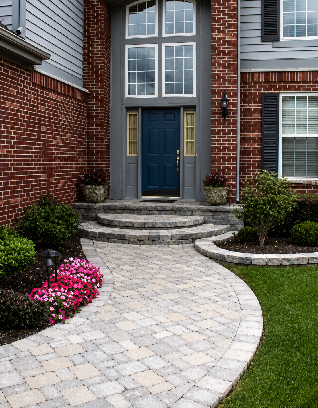 Front entrance of a house with a curved stone pathway, gray brick steps, and a blue door flanked by yellow windows. The house has red brick and gray siding, black shutters, a black wall lantern, and potted plants with flowers on the steps. There are 