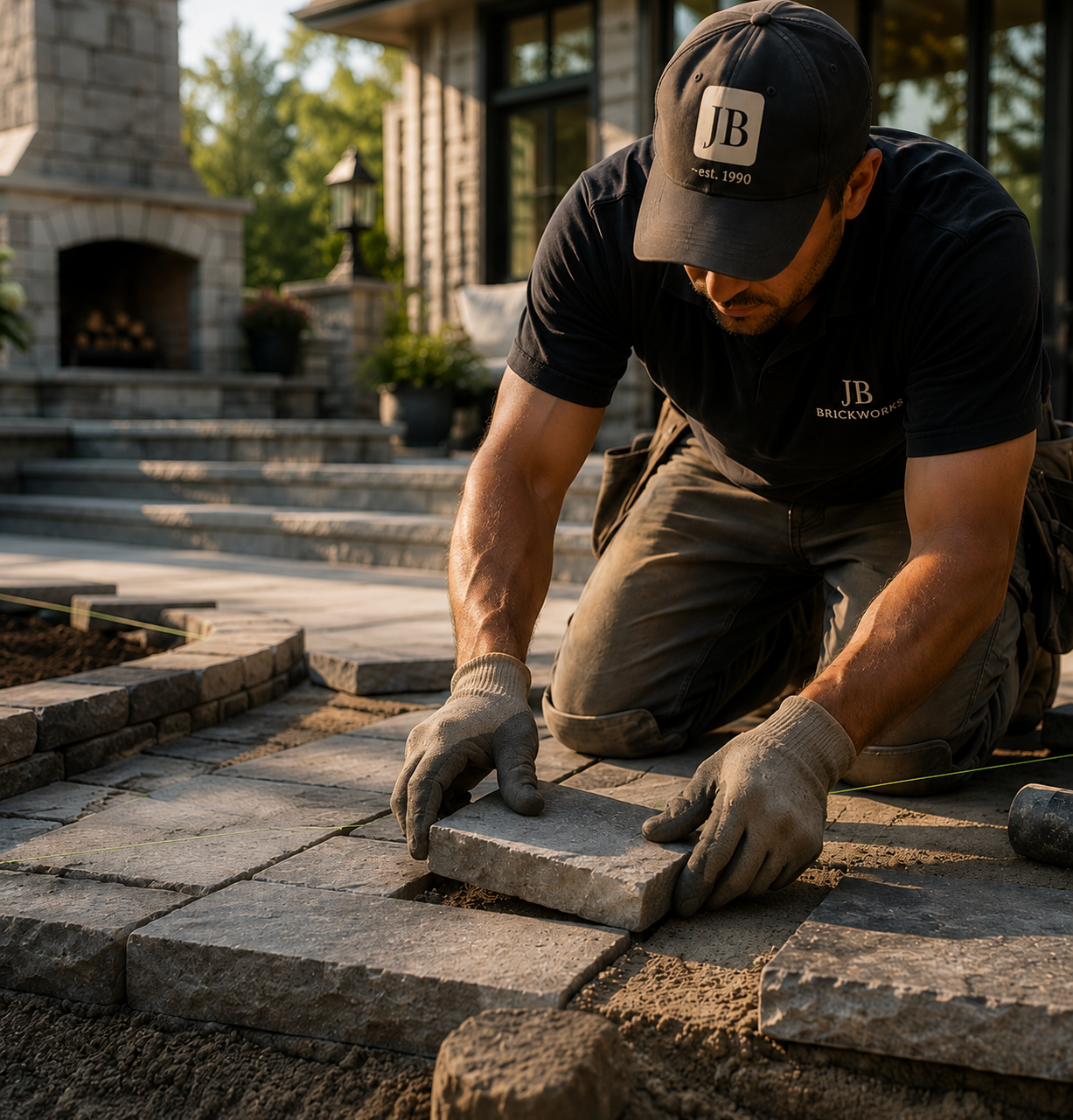 A man installing stone pavers on a pathway in a backyard with a brick fireplace, potted plants, and a house in the background, during daylight.