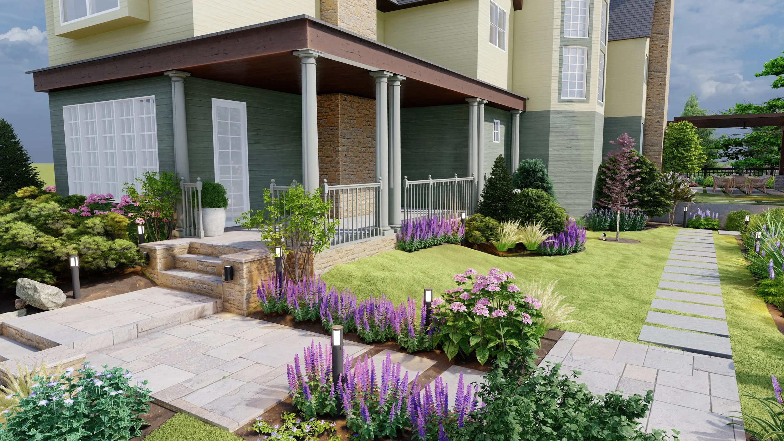 Side view of a modern apartment building with a landscaped backyard featuring a patio, lush green grass, various colorful flowers, small trees, and garden lights, with a pathway guiding through the garden.
