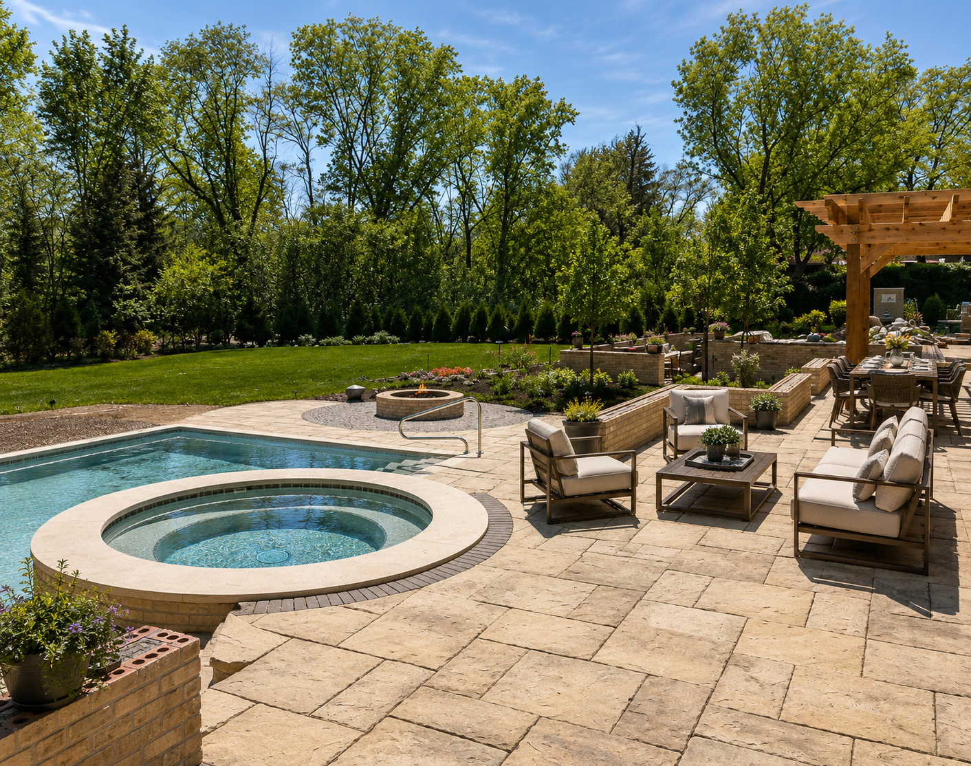 Backyard patio with a small swimming pool and hot tub, outdoor seating, a fire pit, and lush green trees surrounding the area.