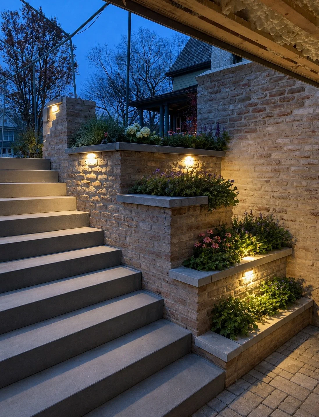 Outdoor house staircase with brick walls, stone planters with flowers, and built-in lighting, during twilight