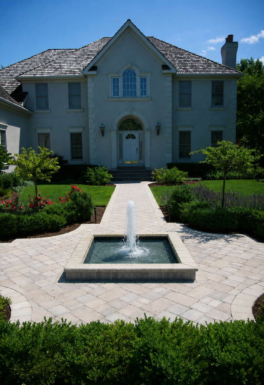 A large white house with a slate roof and symmetrical windows, surrounded by a manicured garden with a stone pathway, small trees, and a fountain in the center of a paved courtyard.