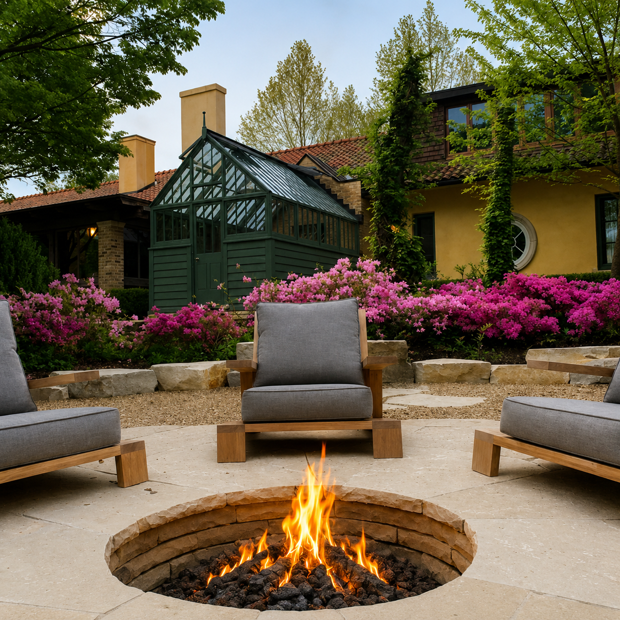 Outdoor patio with a fire pit surrounded by gray cushioned wooden chairs and blooming pink flowers, with a yellow house, a glass greenhouse, and green trees in the background.