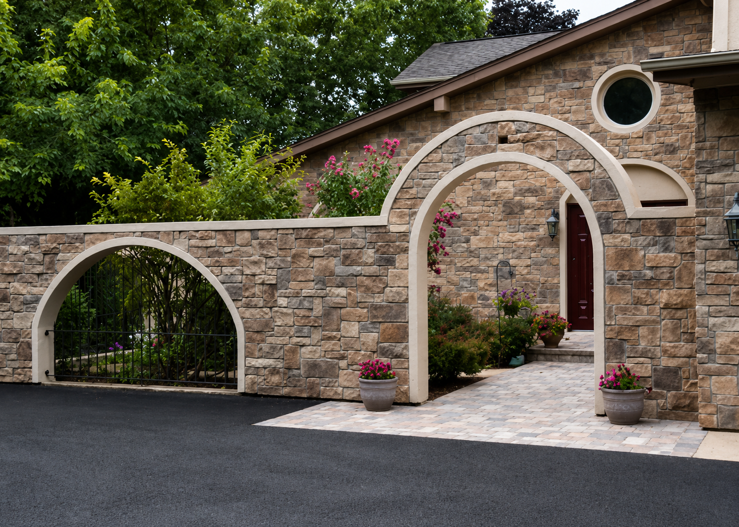 Front entrance of a house with a brick wall, arched doorway, and decorative round window. Potted flowers and plants decorate the entryway, and there is a paved walkway leading to the door. Large trees in the background.