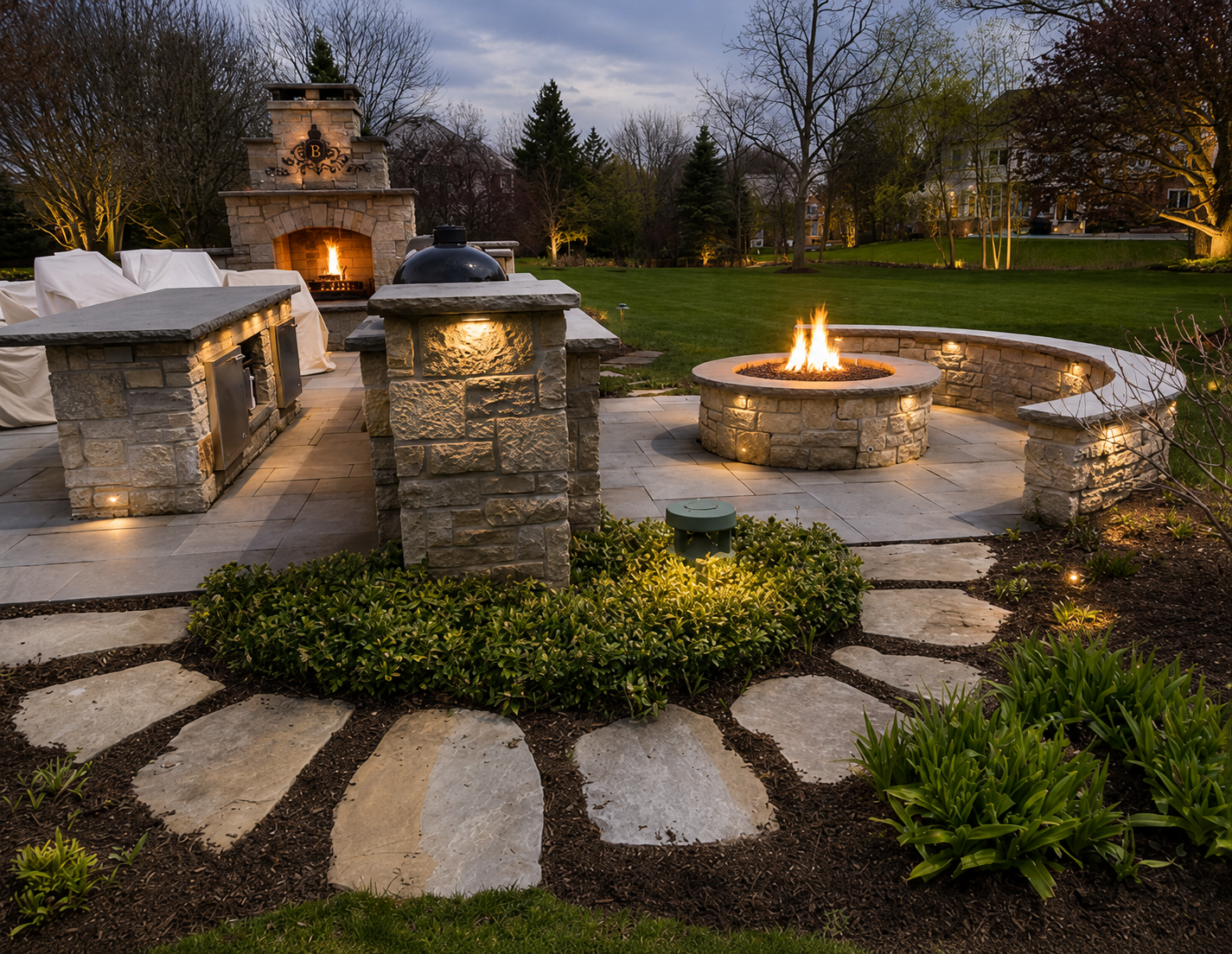 Outdoor backyard with stone firepit, lit with fire, surrounded by a curved stone bench, with a stone fireplace in the background, and a seating area with covered chairs, during dusk with trees and houses in the distance.
