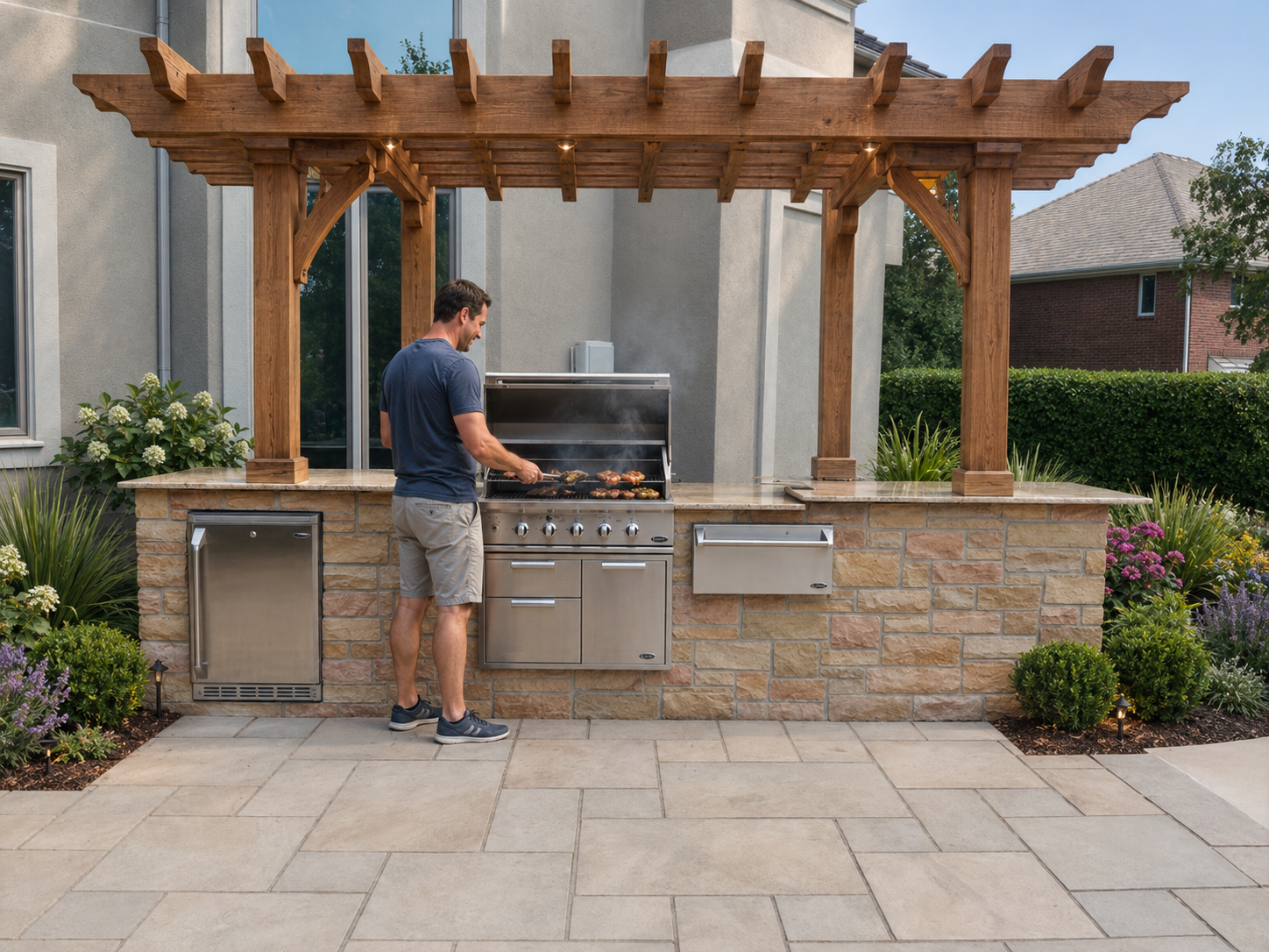 A man grilling steaks on an outdoor barbecue under a wooden pergola, in a backyard with flowering plants and manicured bushes.