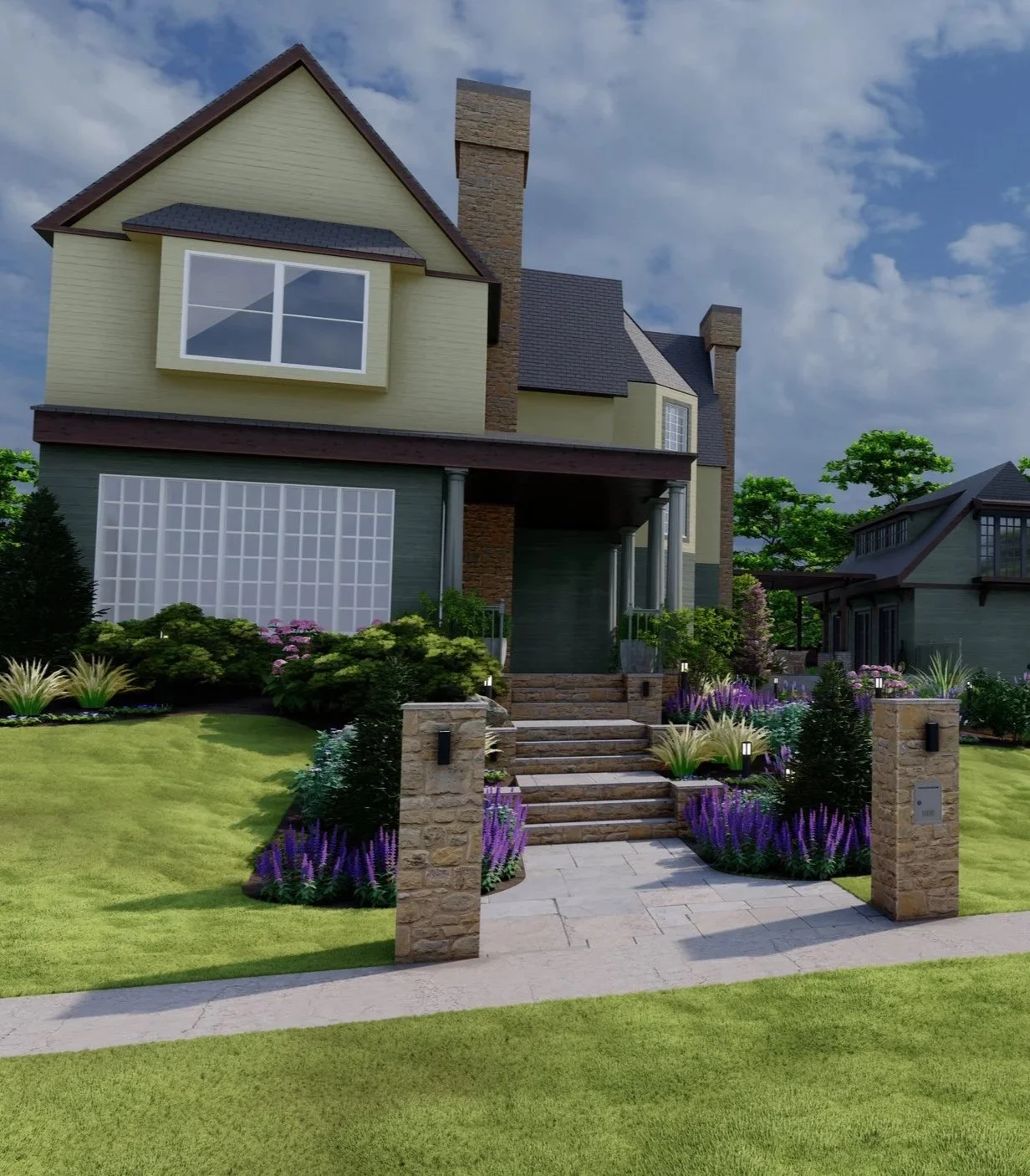 Front view of a modern two-story house with a landscaped lawn, flowering plants, stone steps, and a stone fence with pillars and mailbox, under a partly cloudy sky.