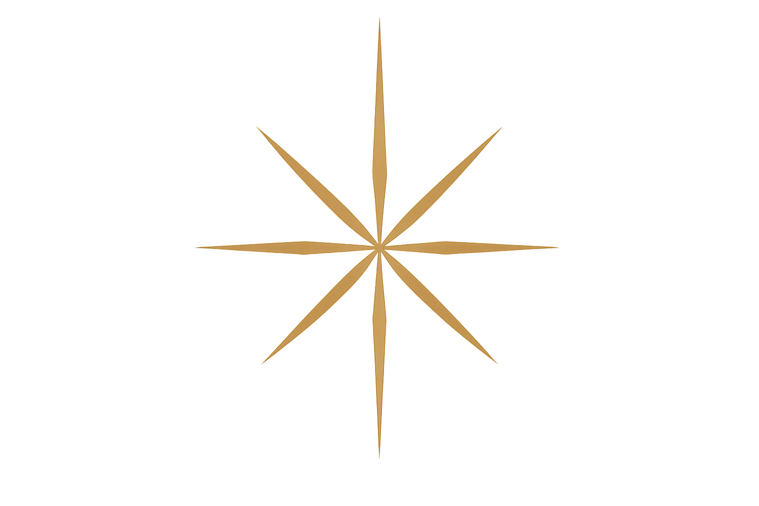A metallic eight-pointed star with sharp, elongated points, set against a black background.