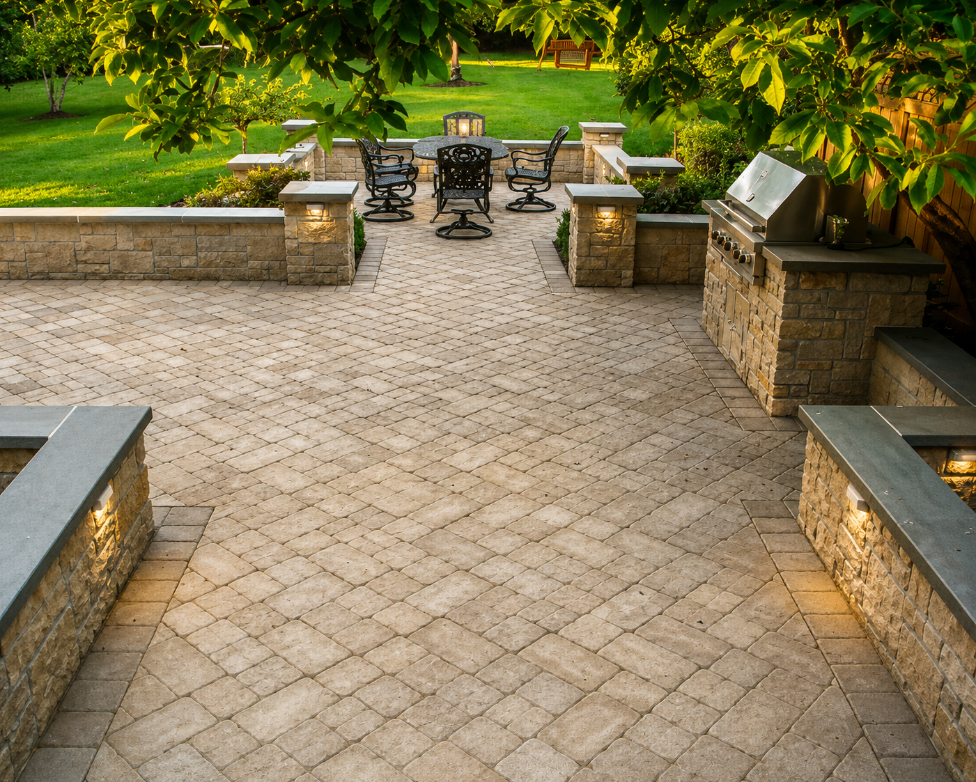 A spacious backyard patio with stone pavers, a built-in grill station, and a dining area with a round table and six chairs, surrounded by a low stone wall and lush green grass and trees.