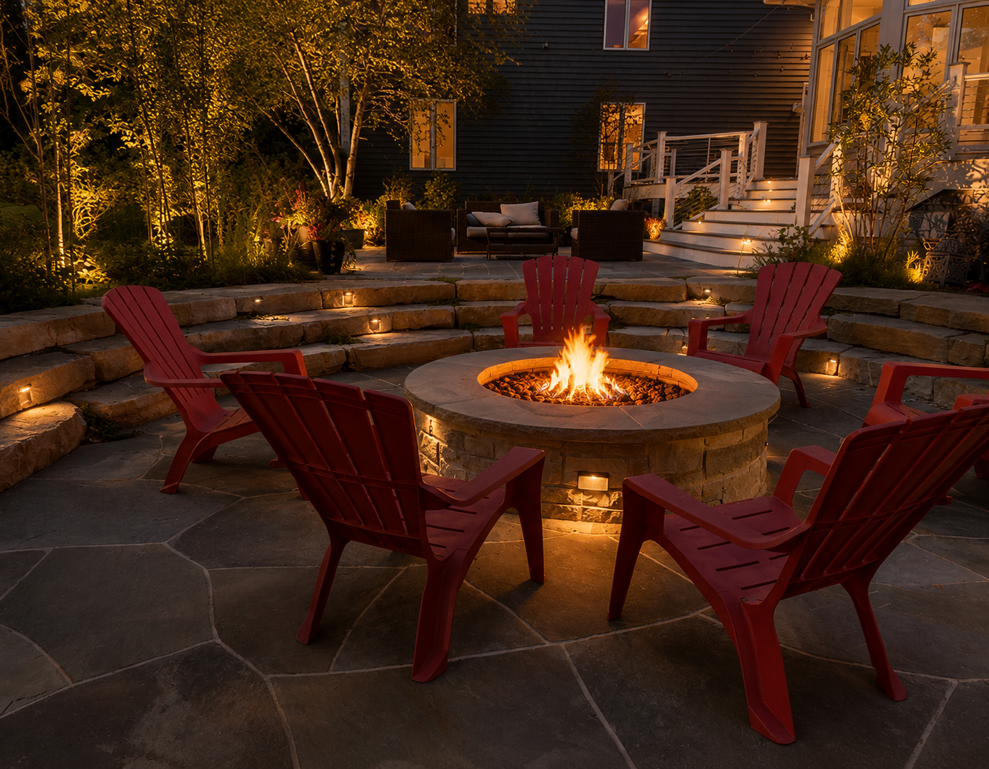 Nighttime outdoor backyard with a circular fire pit surrounded by red Adirondack chairs on slate pavers, with additional seating and stairs leading to a house with warm lighting, lush greenery, and string lights.