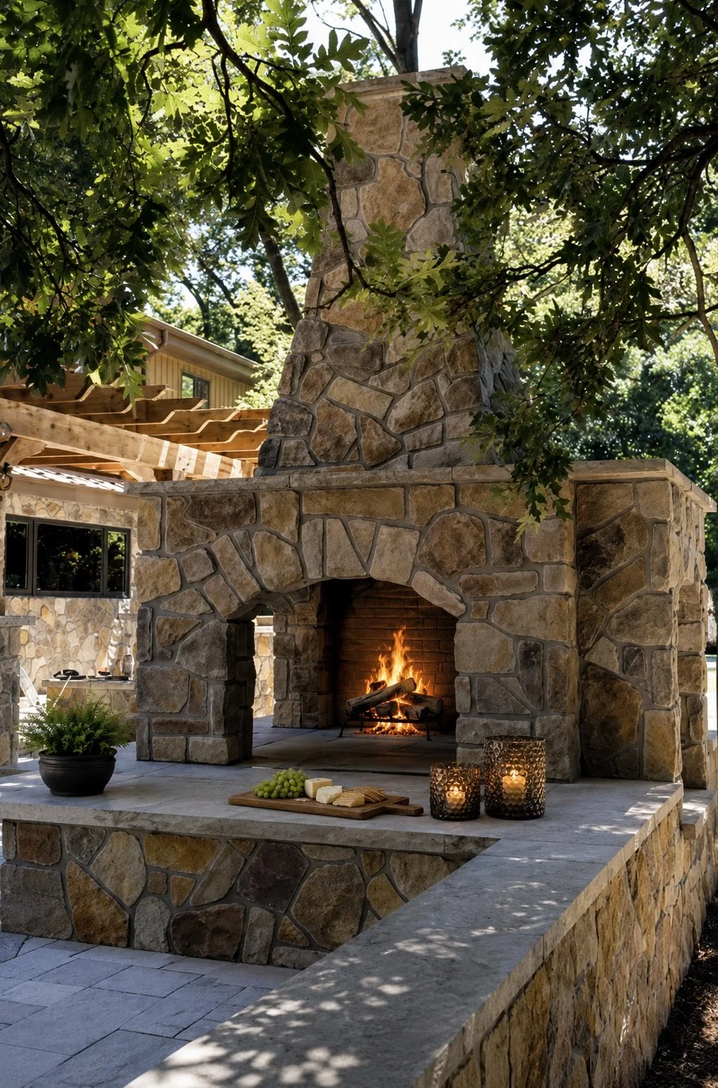 A stone outdoor fireplace with a fire burning inside, surrounded by a patio with candles, a potted plant, and cheese and grapes on a wooden board. Green trees and part of a house are visible in the background.
