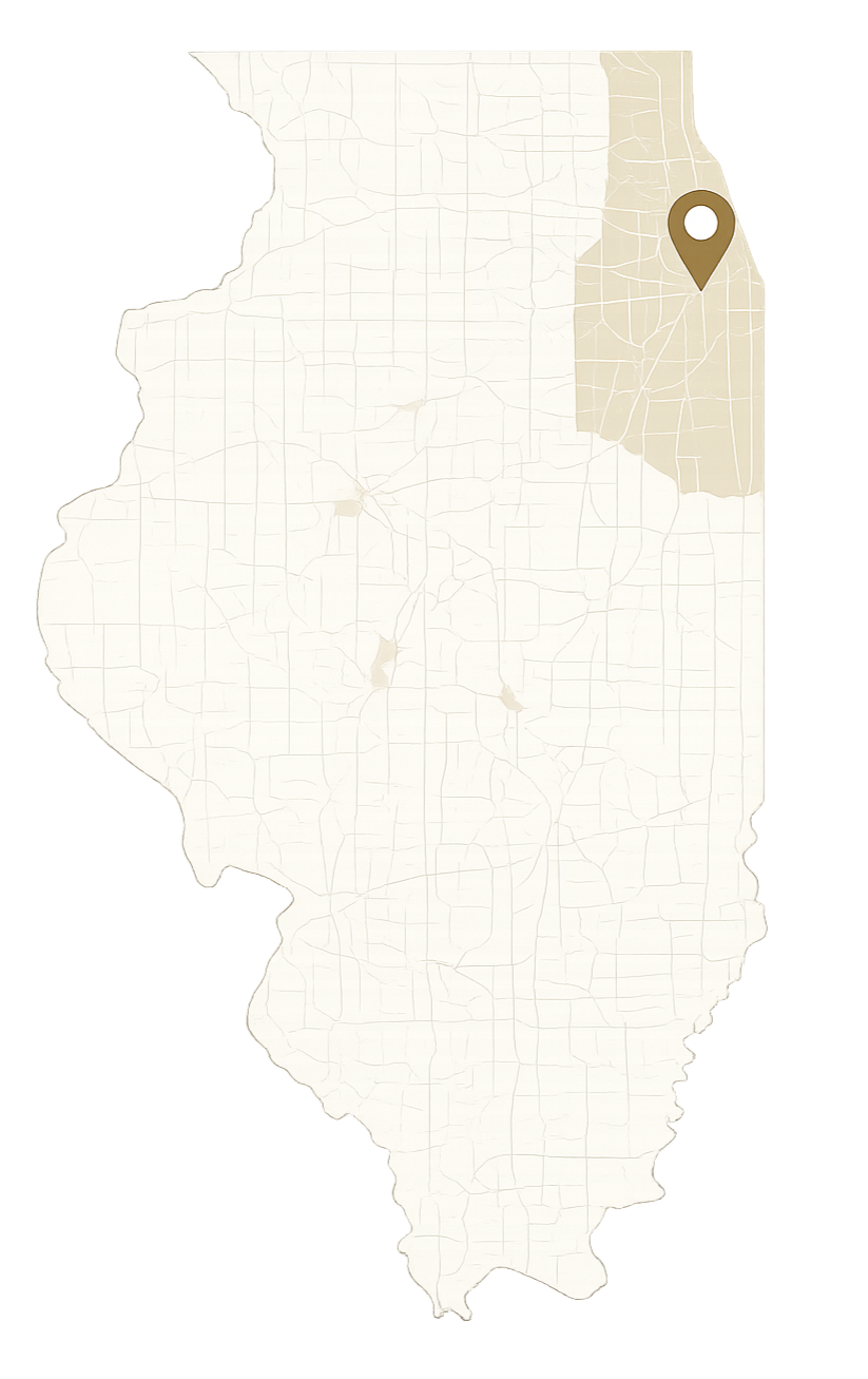 Map of Illinois with a pin marking a location in the northeastern part of the state.