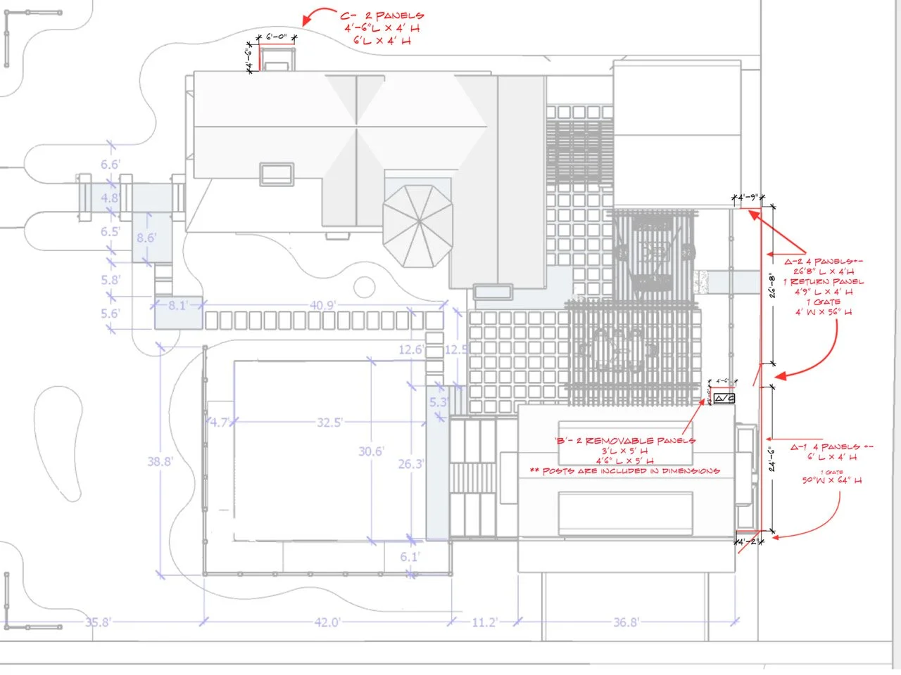 Architectural blueprint of a building layout with measurements and annotations for panels, gates, and dimensions in red and blue ink.