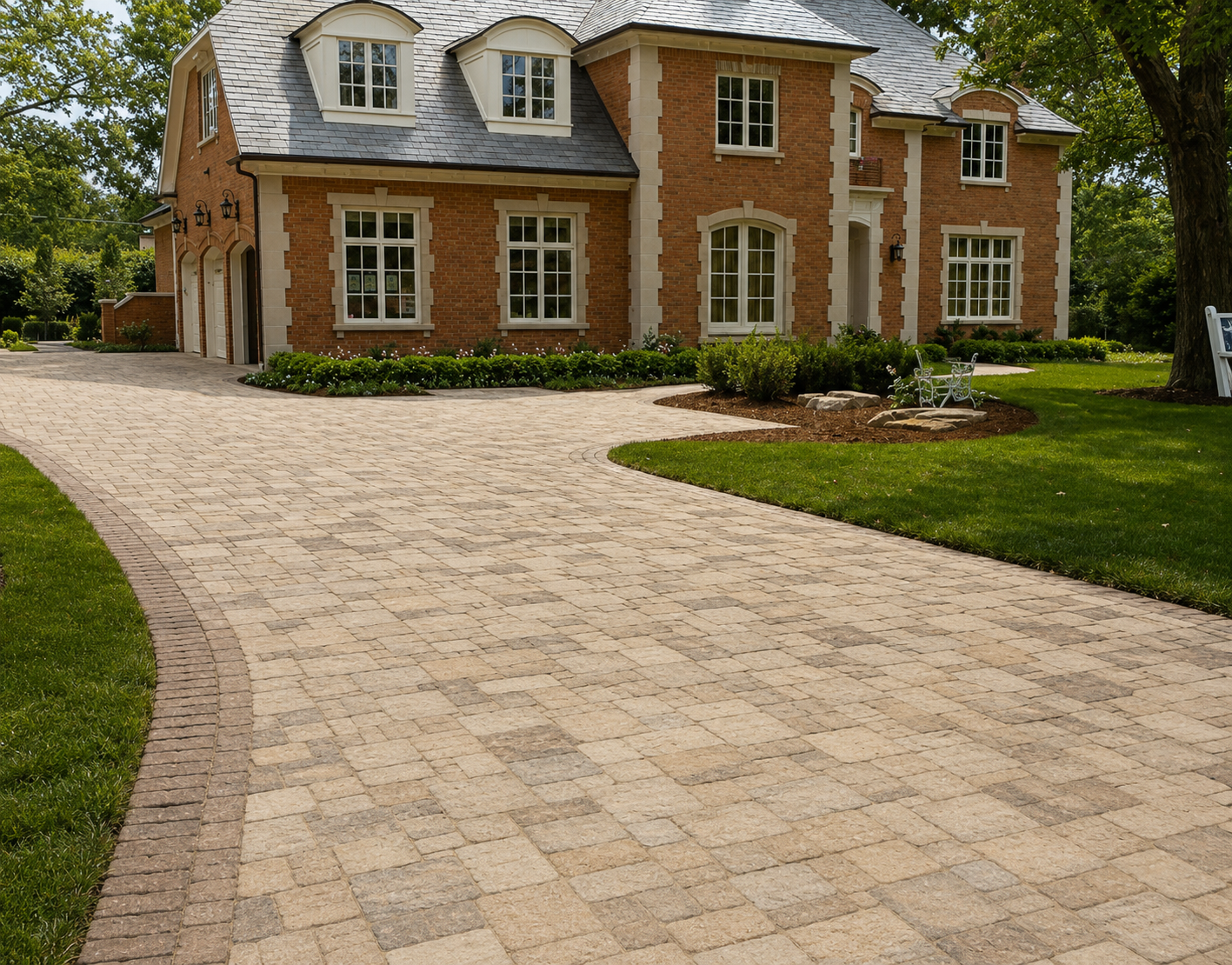 A brick house with a curved paved driveway, green lawn, trees, and garden landscaping.
