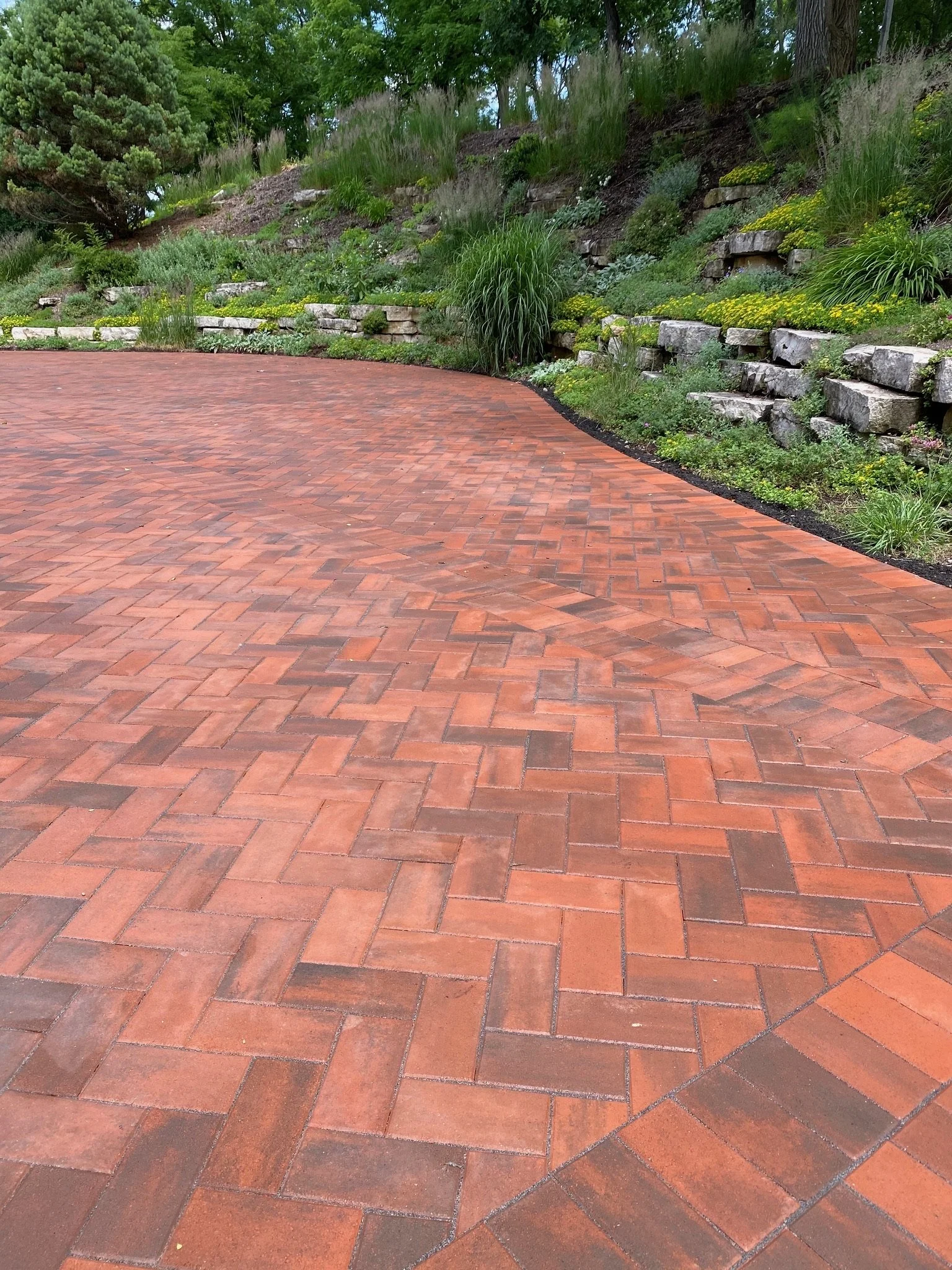 A brick paved walkway or patio with a curved edge, bordered by lush green plants and shrubs, with a sloped grassy and rocky hill in the background.