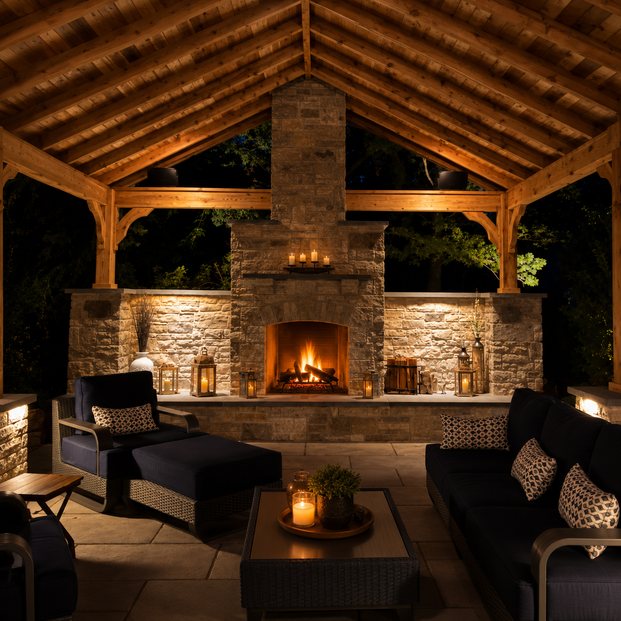 An outdoor patio with a stone fireplace and a fire burning inside. The patio has a wooden ceiling and is decorated with candles in lanterns, a potted plant, and throws on the black cushioned seating. The setting is warm and inviting for evening relax