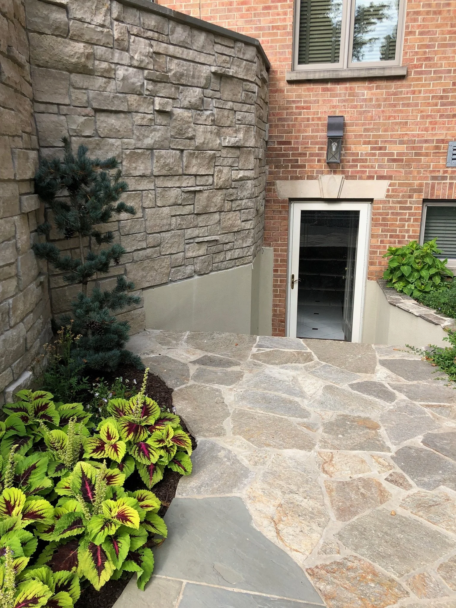 A stone patio with plants, including a small pine tree and leafy greenery, next to a brick house with a door with a glass panel, a window, and exterior wall lights.