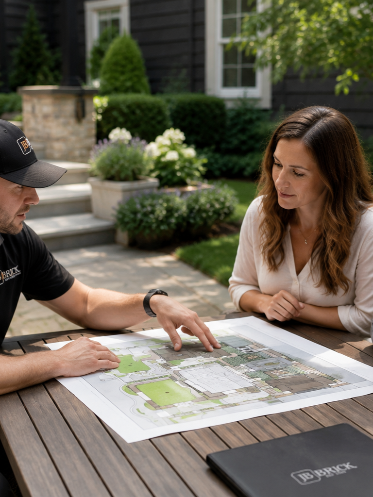 Man and woman discussing a landscape architectural plan at an outdoor table with garden plants in the background.