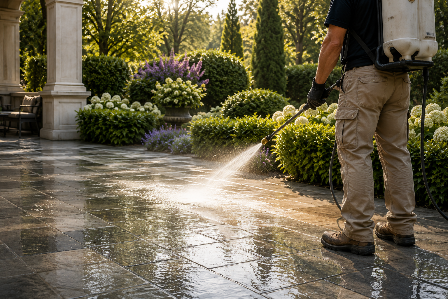 Person pressure washing a wet stone patio, surrounded by lush green bushes and trees, during daylight.
