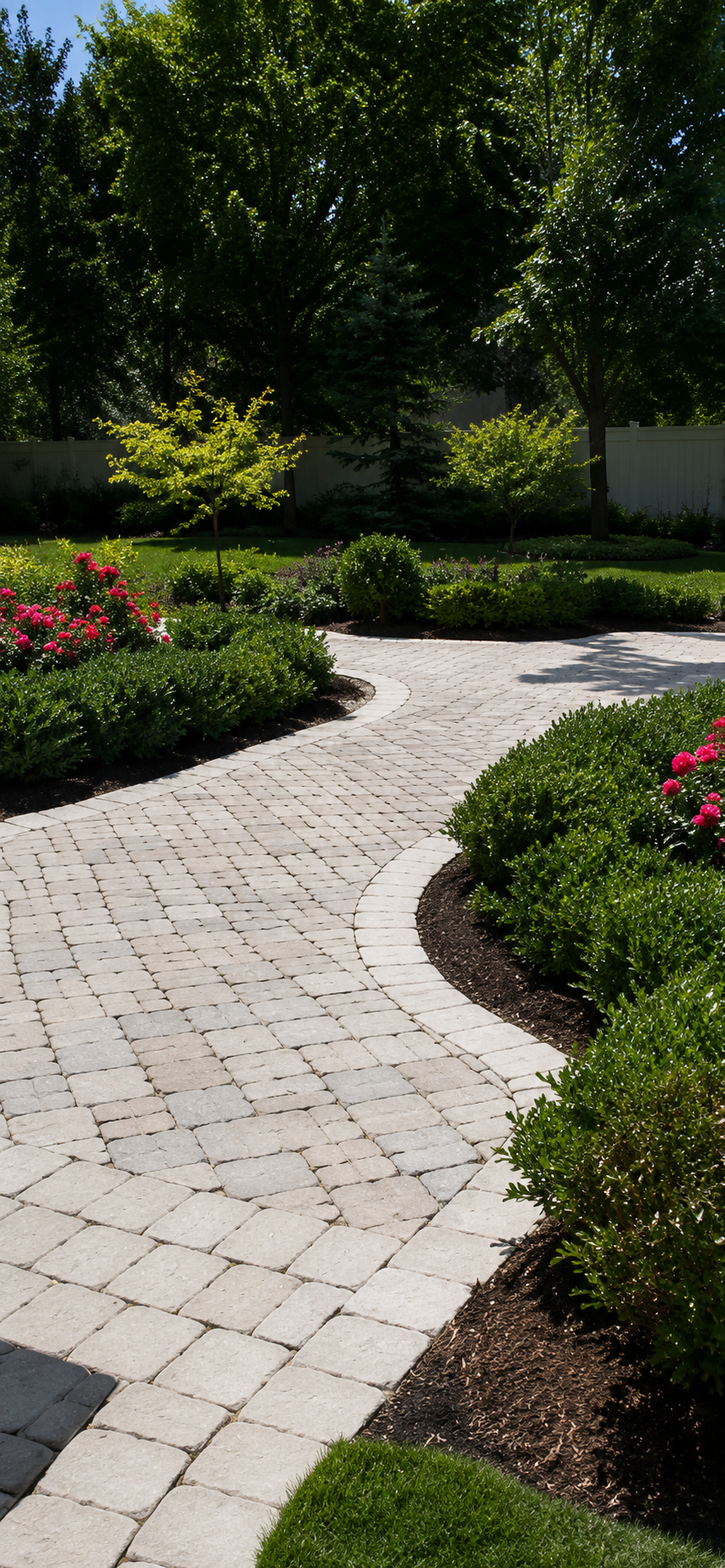 A paved stone walkway winding through a well-tended garden with green bushes and pink flowers, bordered by grass and trees, under a sunny sky.