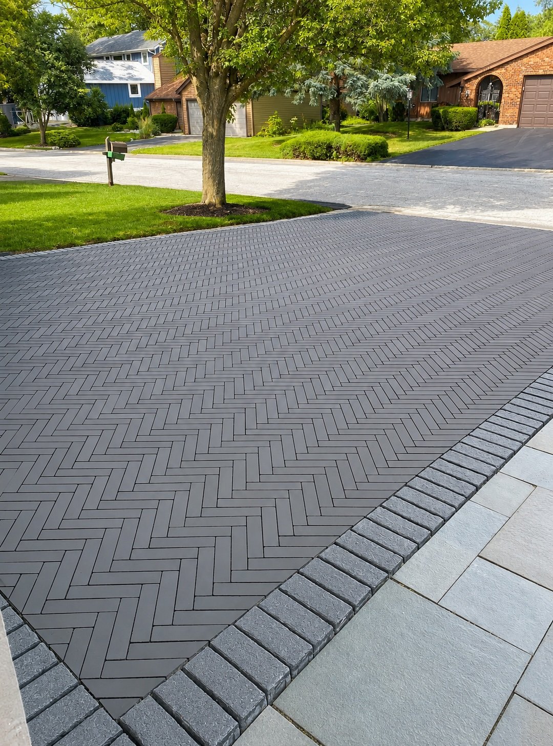 Paved driveway with herringbone pattern and brick border in a residential neighborhood with green lawns, trees, and houses in the background.