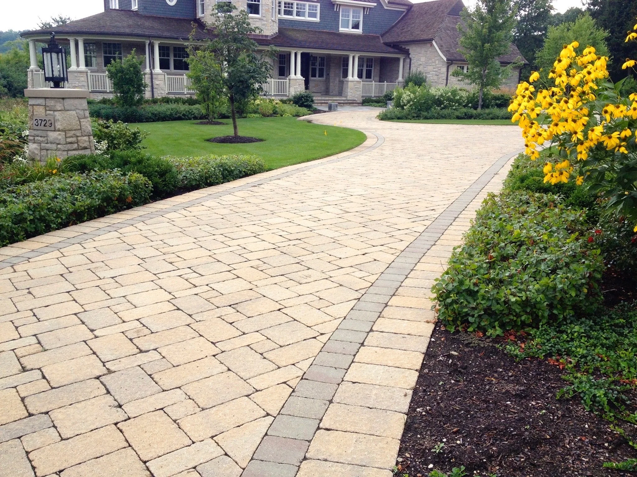A paved brick driveway leading up to a large house with a covered front porch supported by white columns. The house is surrounded by well-manicured lawns, small trees, and bushes. On the right side, there is a large yellow flowering bush. The drivewa