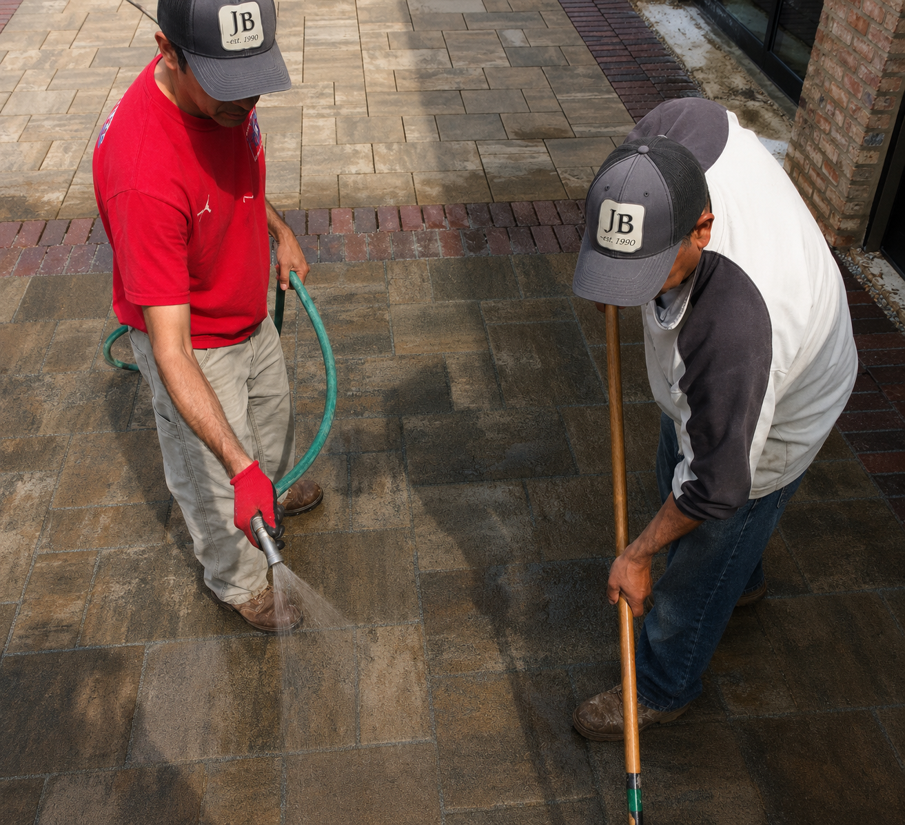 Two men cleaning an outdoor stone patio with a garden hose, one wearing a red shirt and gloves, and the other wearing a white hoodie and a baseball cap, working together to clean the surface.