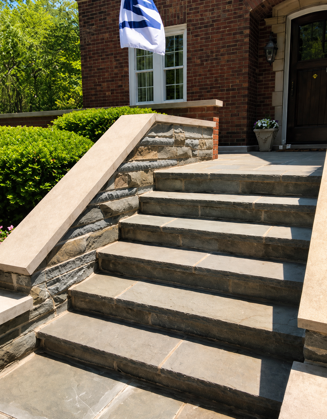 Stone steps leading up to a brick house with a white window and black door.