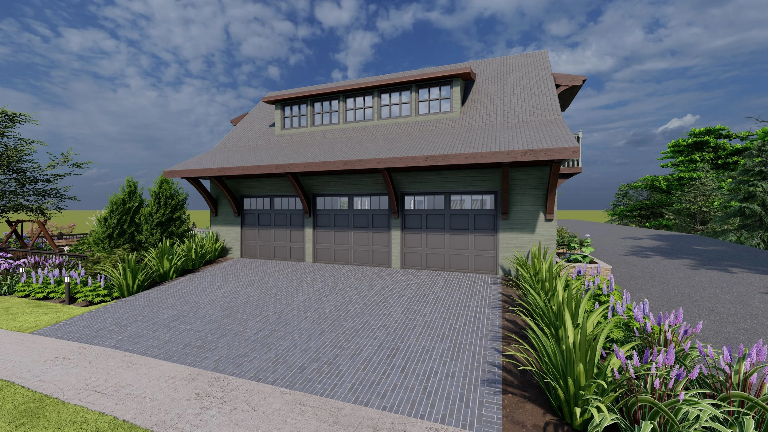 A modern house with a three-car garage, green siding, and a large peaked roof. There is a paved driveway, landscaped garden with purple flowers, and trees in the background under a partly cloudy sky.