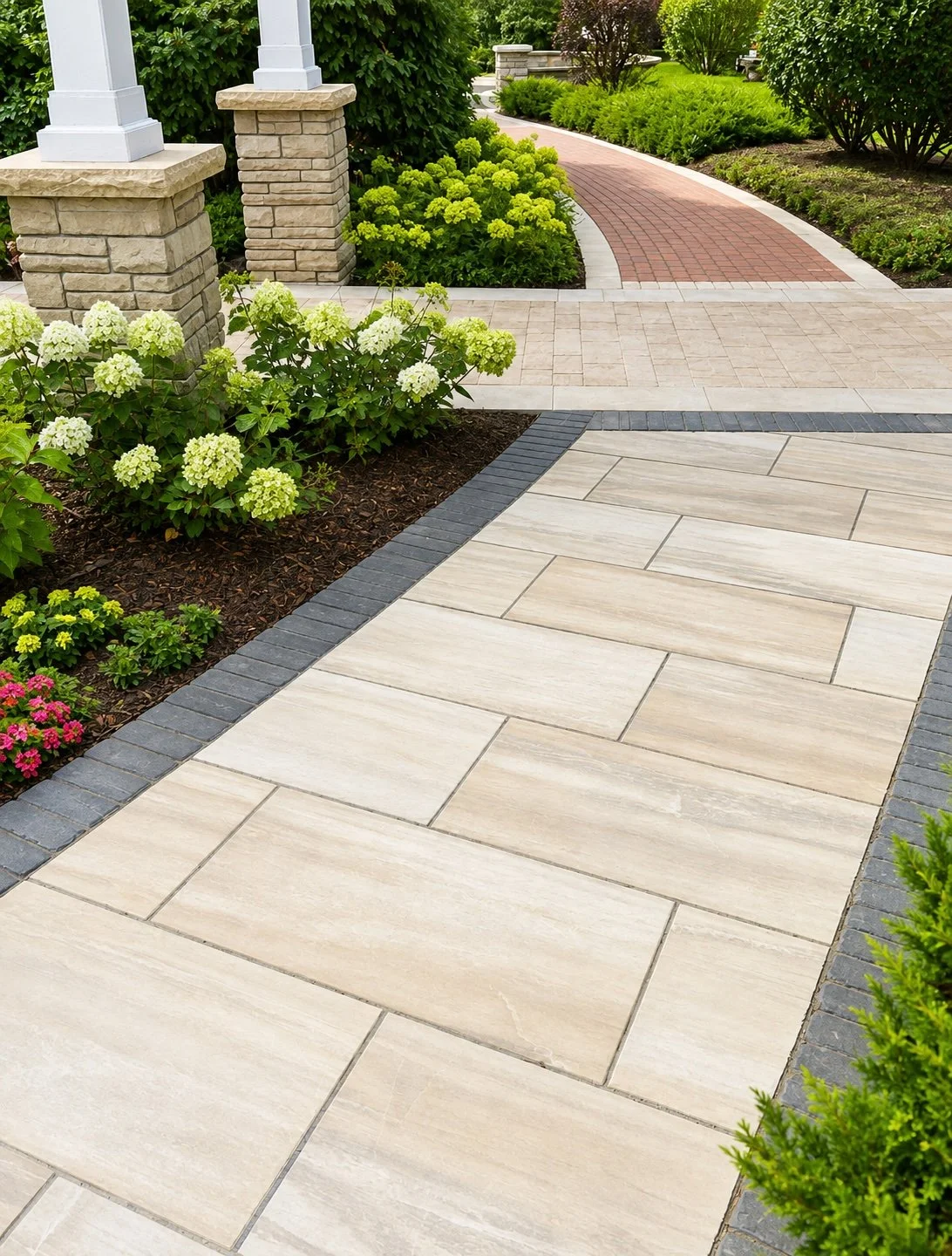 A paved walkway with large beige tiles, bordered by smaller dark gray bricks, winding through a landscaped garden with green bushes, colorful flowers, and trees.