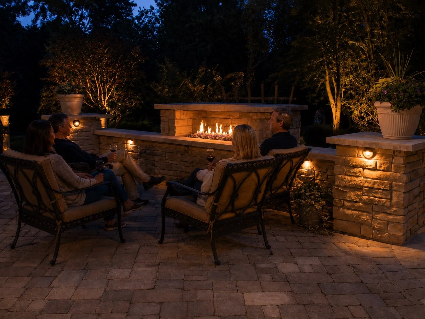 Six people sitting in outdoor patio furniture near a brick fire feature with flames, surrounded by potted plants and trees, during the evening.